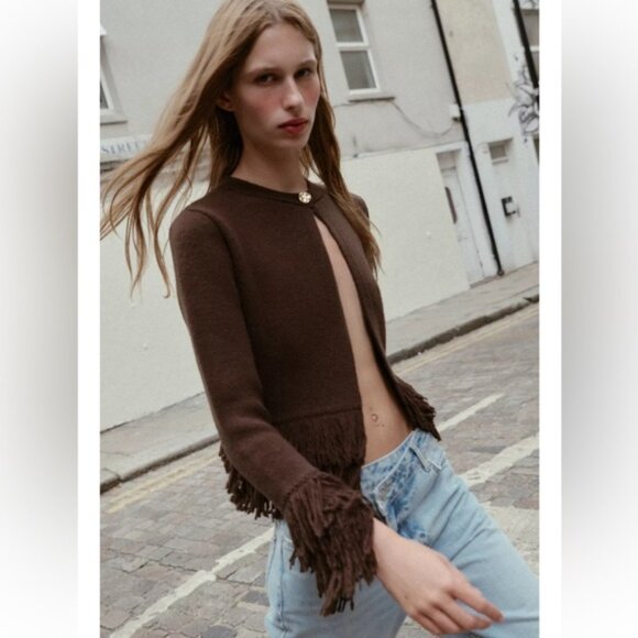 Zara FRINGED BUTTON KNIT CARDIGAN - Picture 7 of 9